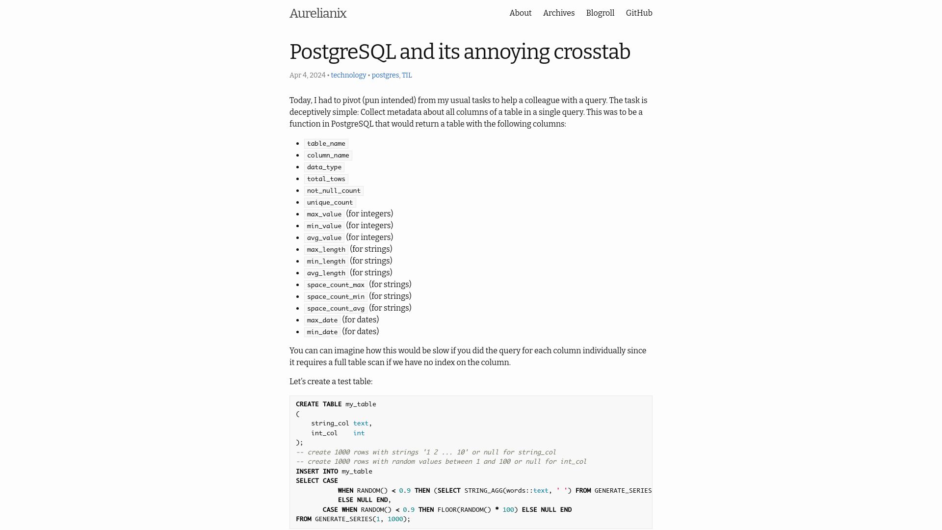 Screenshot of blog.aurelianix.com: PostgreSQL and Its Annoying Crosstab