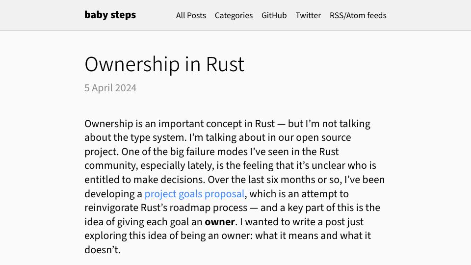 Screenshot of smallcultfollowing.com: Ownership in Rust