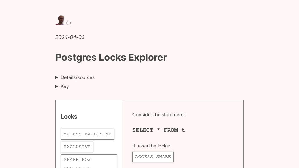 Screenshot of leontrolski.github.io: Postgres locks explorer