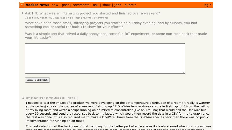 Screenshot of Hacker News post: Ask HN: What was an interesting project you started and finished over a weekend?