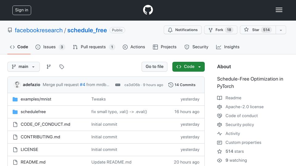 Screenshot of github.com: Schedule-Free Learning – A New Way to Train