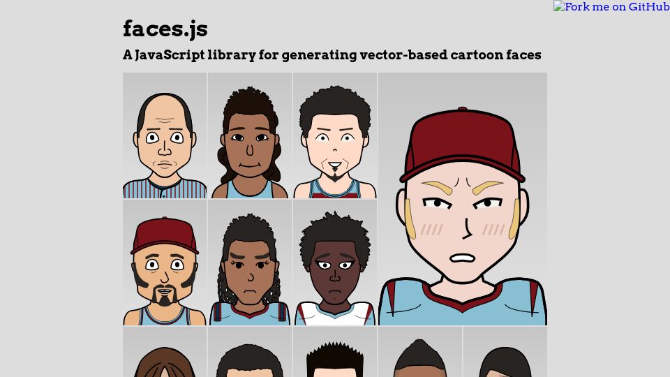 Screenshot of zengm.com: Faces.js, a JavaScript library for generating vector-based cartoon faces