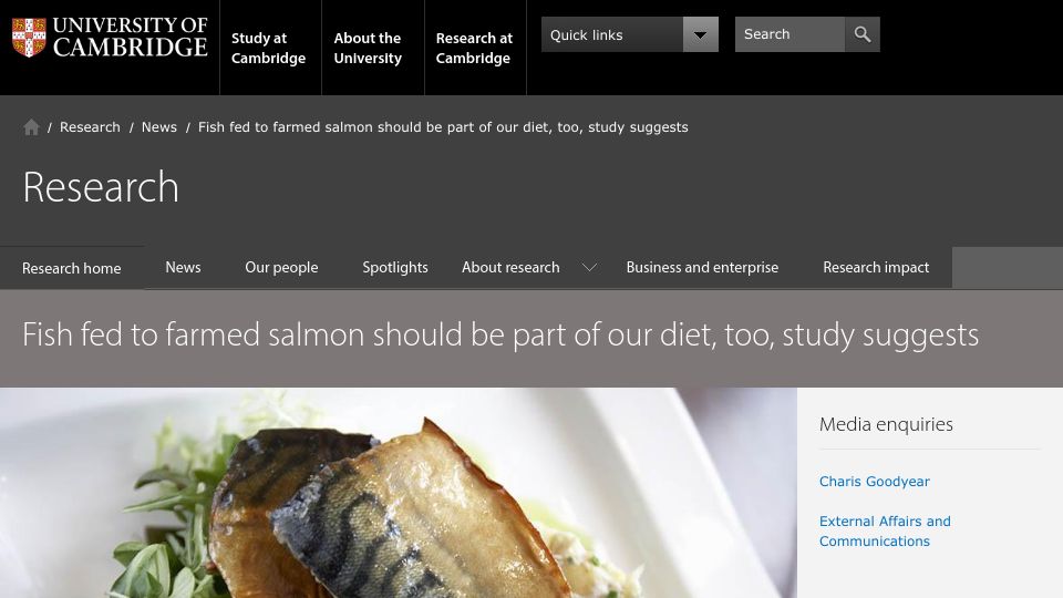 Screenshot of cam.ac.uk: Farmed salmon production leads to an overall loss of essential dietary nutrients