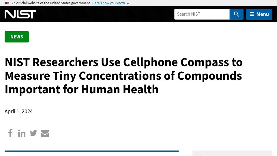 Screenshot of nist.gov: NIST researchers use cellphone compass to measure glucose