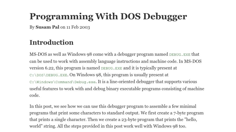 Screenshot of susam.net: Programming with DOS Debugger (2003)