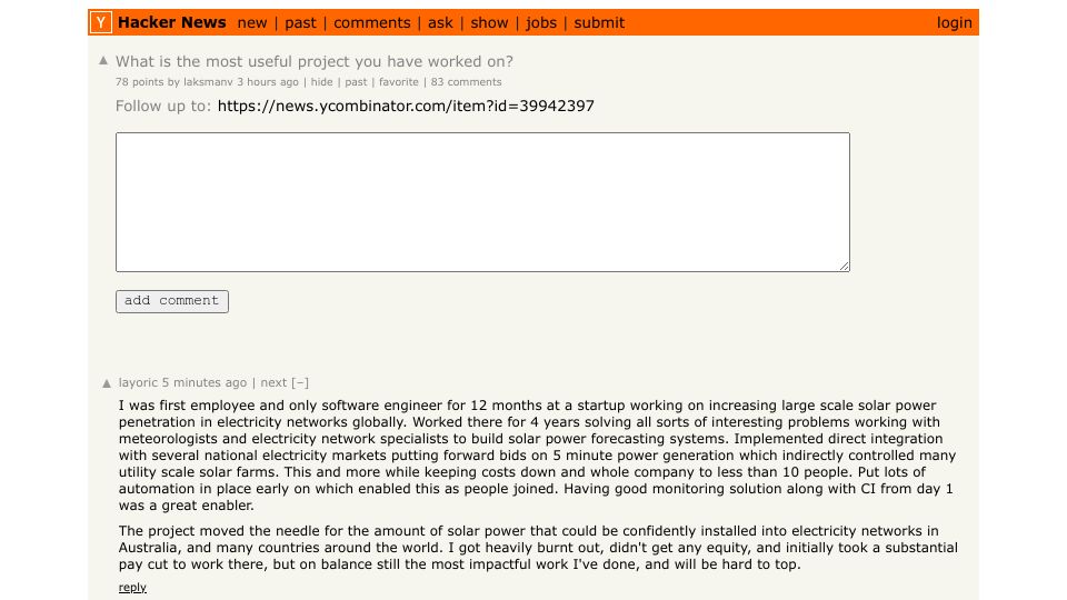 Screenshot of Hacker News post: What is the most useful project you have worked on?