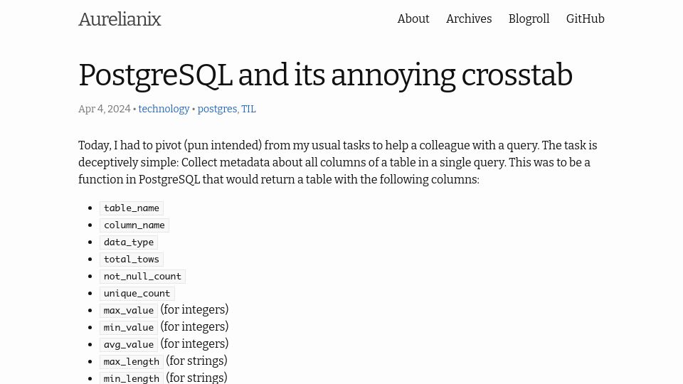 Screenshot of blog.aurelianix.com: PostgreSQL and Its Annoying Crosstab