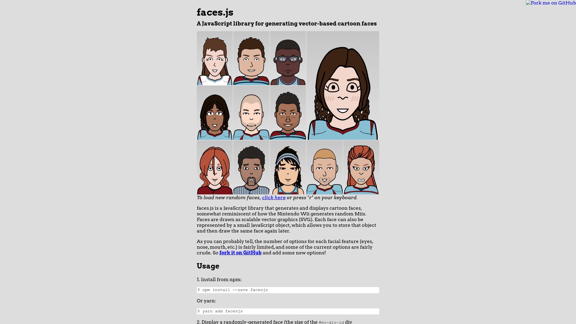Screenshot of zengm.com: Faces.js, a JavaScript library for generating vector-based cartoon faces