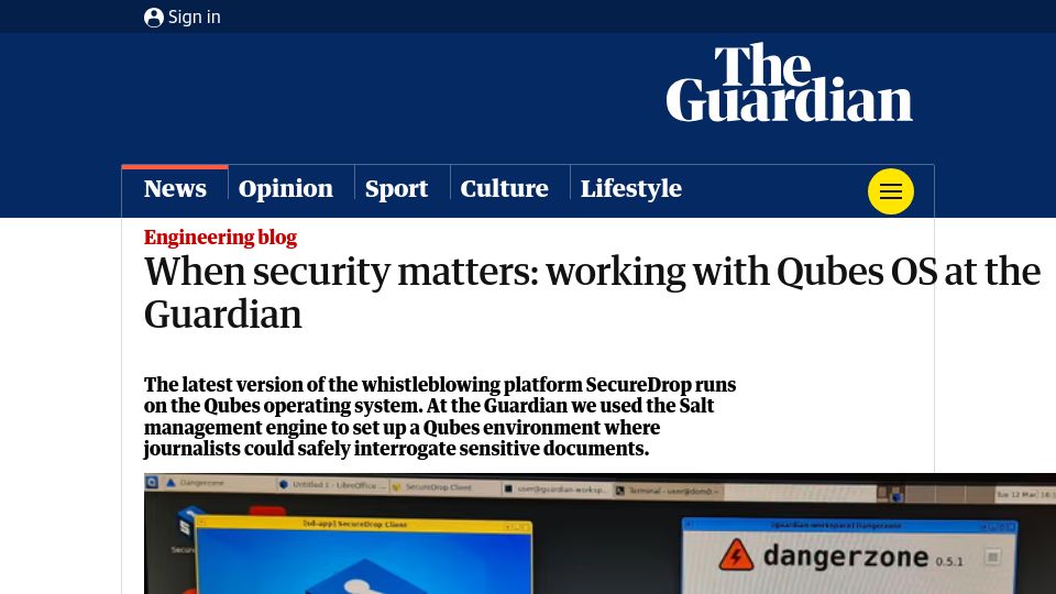 Screenshot of theguardian.com: Working with Qubes OS at the Guardian