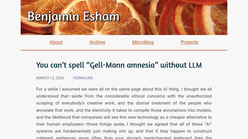 Screenshot of esham.io: You can't spell "Gell-Mann amnesia" without LLM
