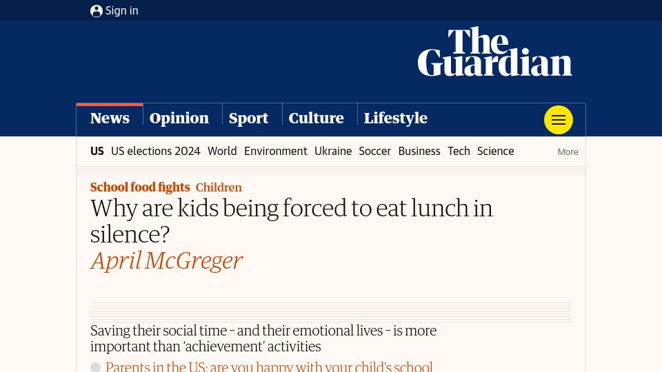 Screenshot of theguardian.com: Why are kids being forced to eat lunch in silence?