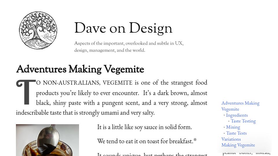 Screenshot of daveon.design: Adventures Making Vegemite