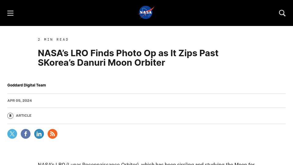 Screenshot of nasa.gov: NASA's LRO Finds Photo Op as It Zips Past SKorea's Danuri Moon Orbiter