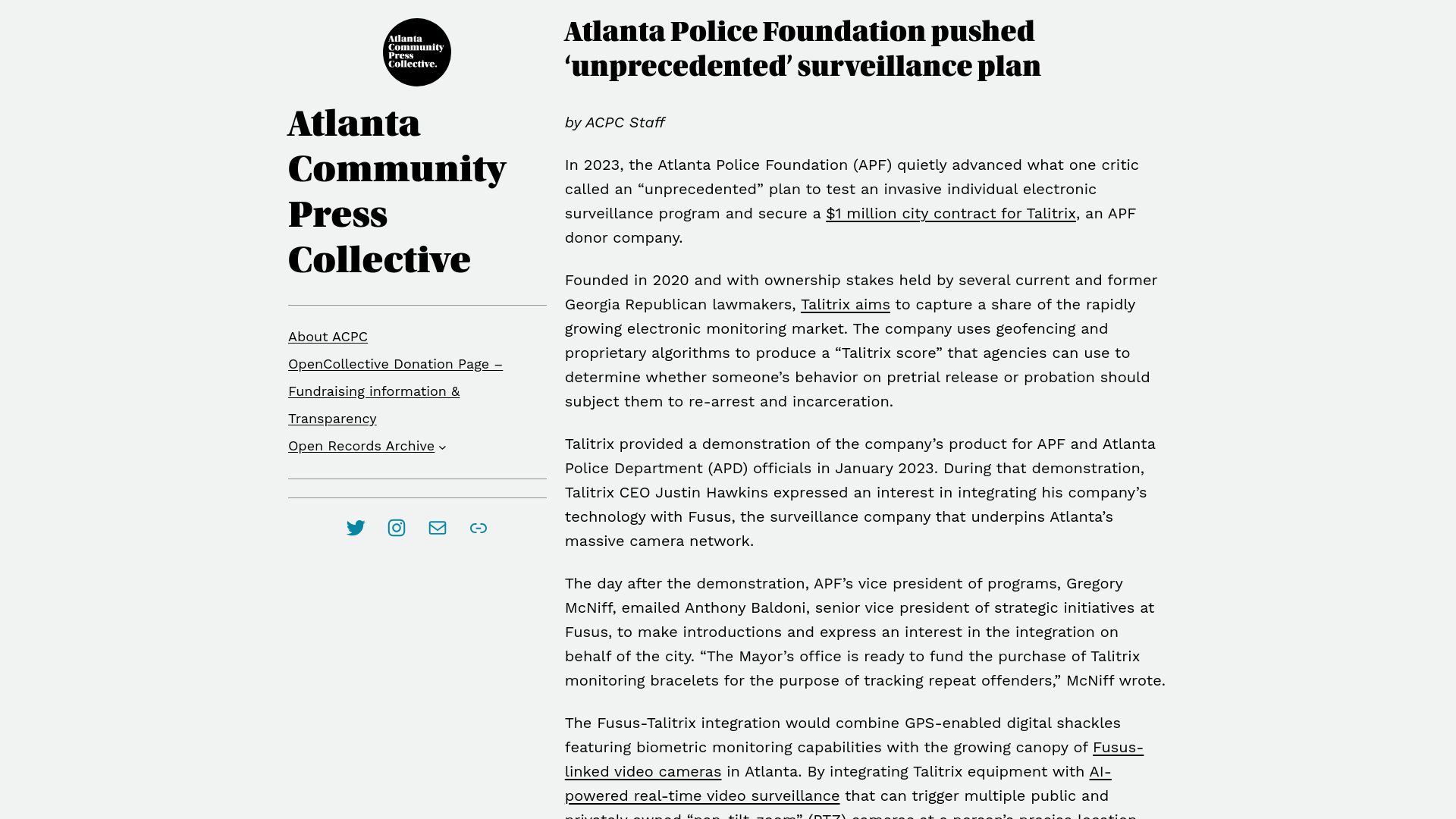 Screenshot of atlpresscollective.com: Atlanta Police Foundation pushed 'unprecedented' surveillance plan