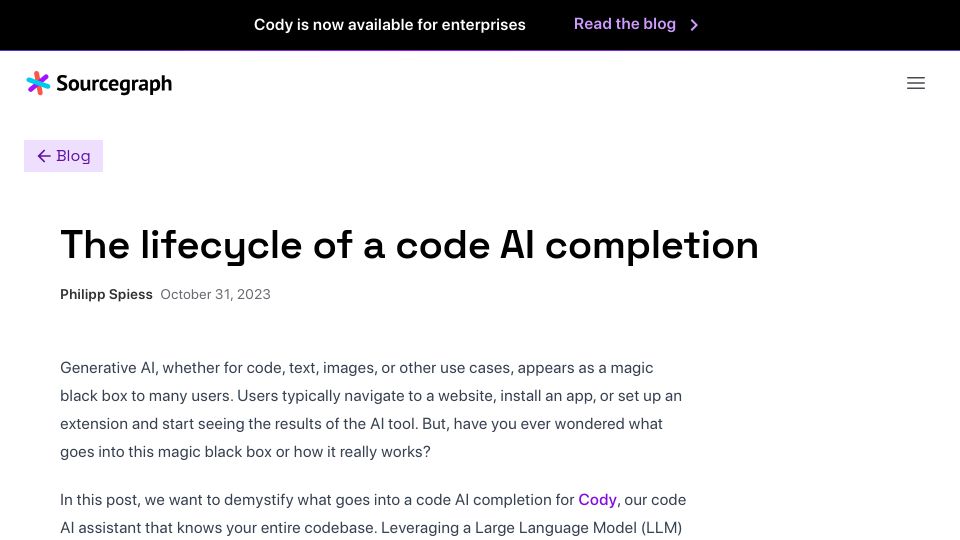 Screenshot of sourcegraph.com: The lifecycle of a code AI completion