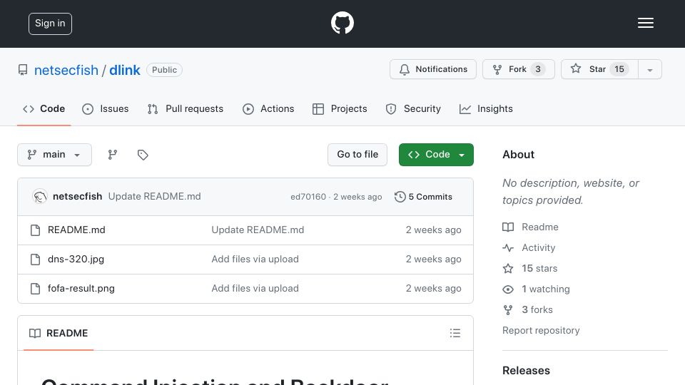 Screenshot of github.com: Command injection and backdoor account in D-Link NAS devices