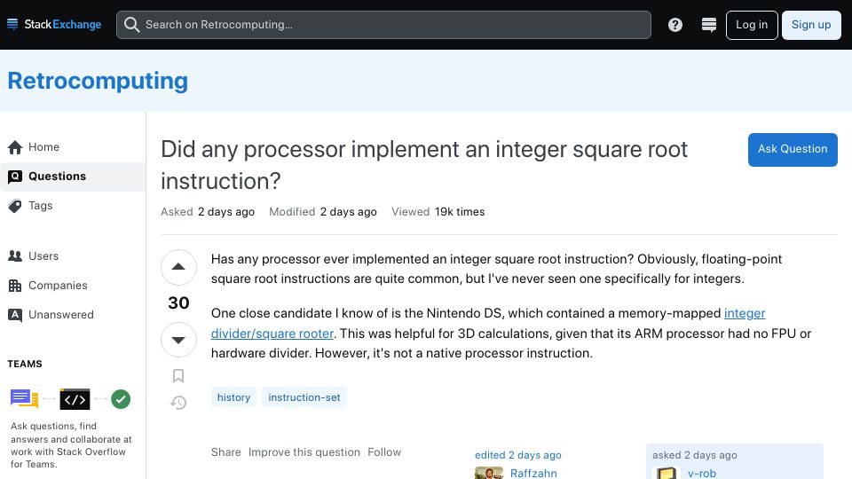 Screenshot of retrocomputing.stackexchange.com: Did any processor implement an integer square root instruction?