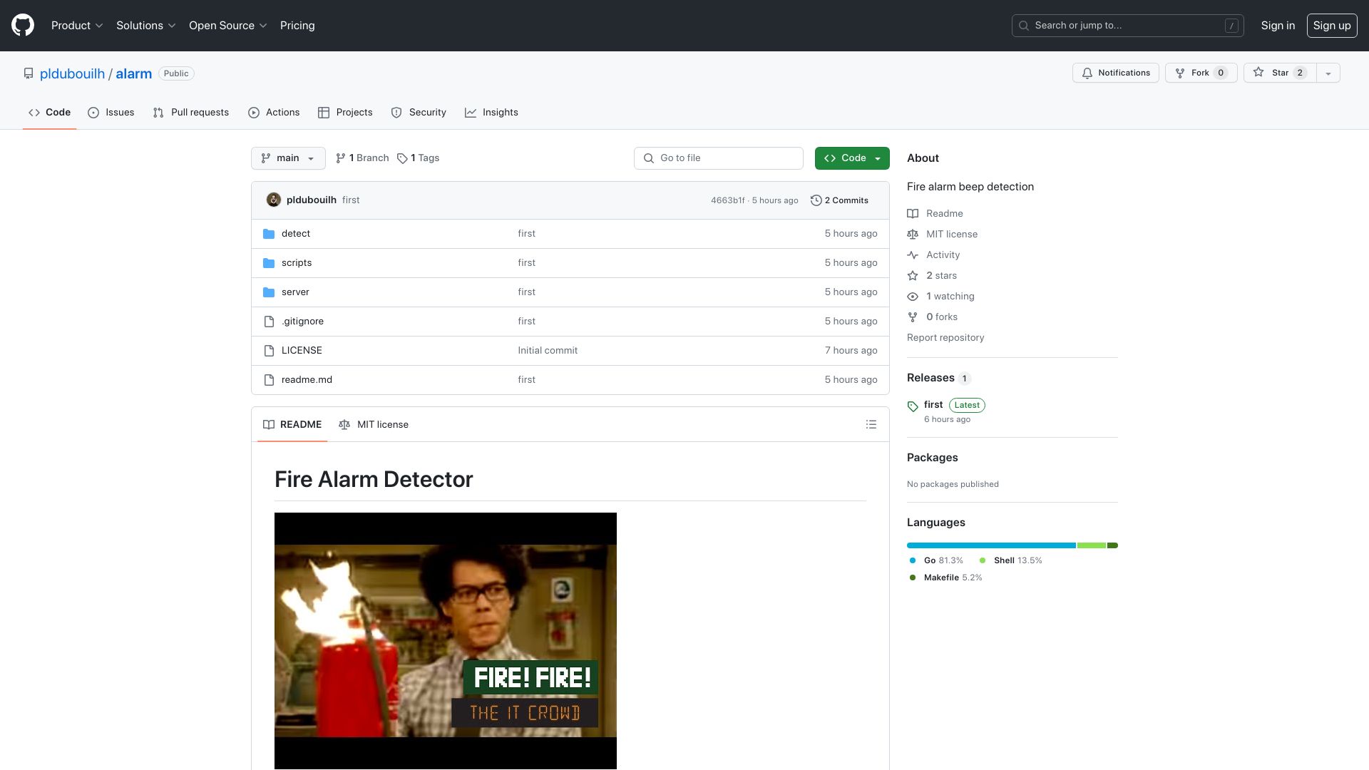 Screenshot of github.com: Fire alarm audio detection, using FFTs and Go