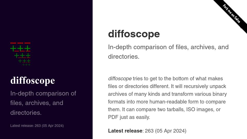 Screenshot of diffoscope.org: Diffoscope – In-depth comparison of files, archives, and directories