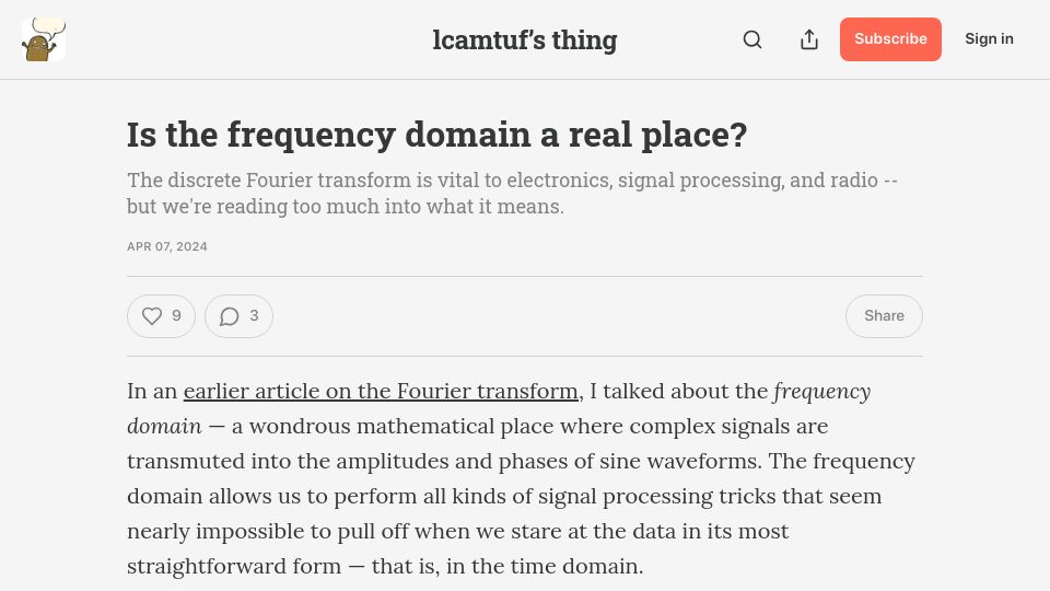 Screenshot of lcamtuf.substack.com: Is the frequency domain a real place?