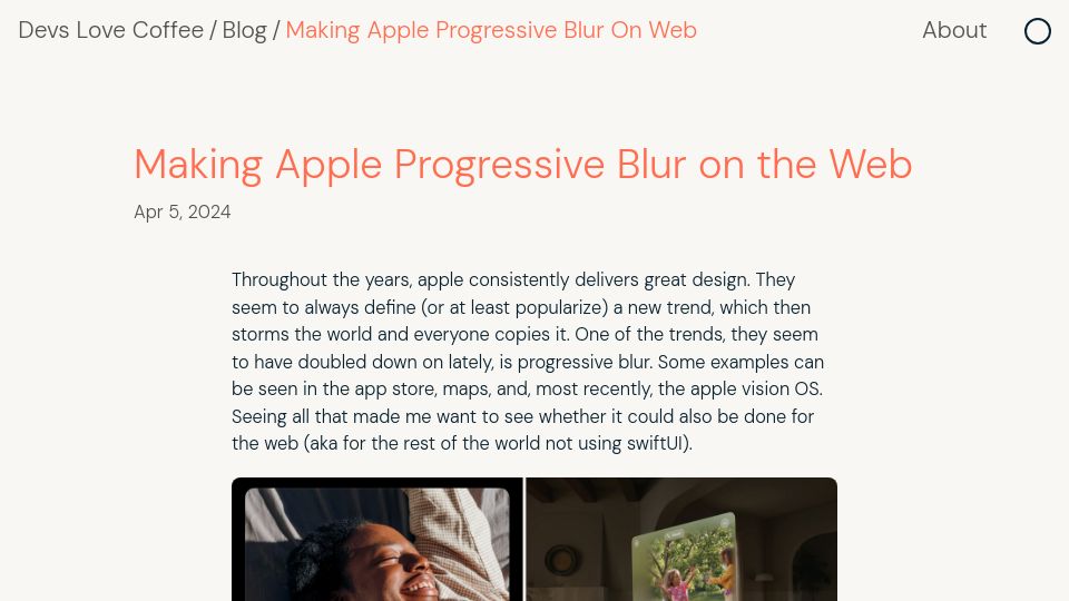Screenshot of devslovecoffee.com: Making Apple Progressive Blur on the Web