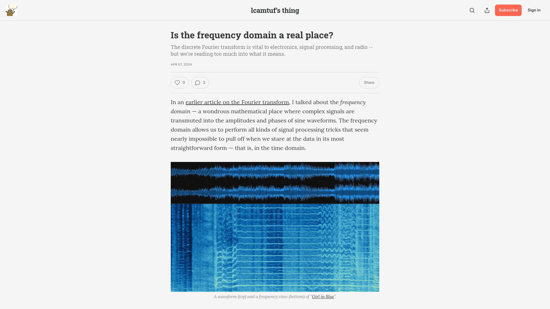 Screenshot of lcamtuf.substack.com: Is the frequency domain a real place?