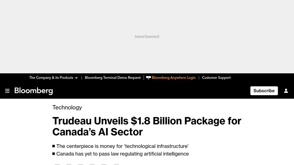 Screenshot of bloomberg.com: Trudeau Unveils $1.8B Plan to Boost AI Sector in Canada