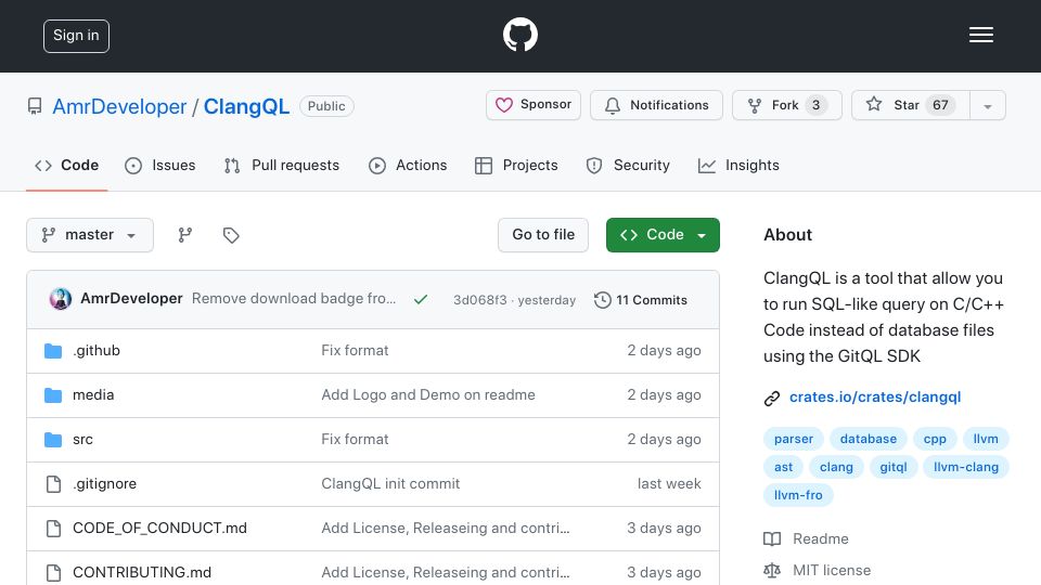 Screenshot of github.com: ClangQL: A tool to run SQL-like query on C/C++ Code