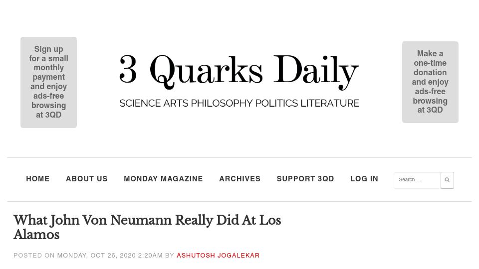 Screenshot of 3quarksdaily.com: What John von Neumann did at Los Alamos (2020)