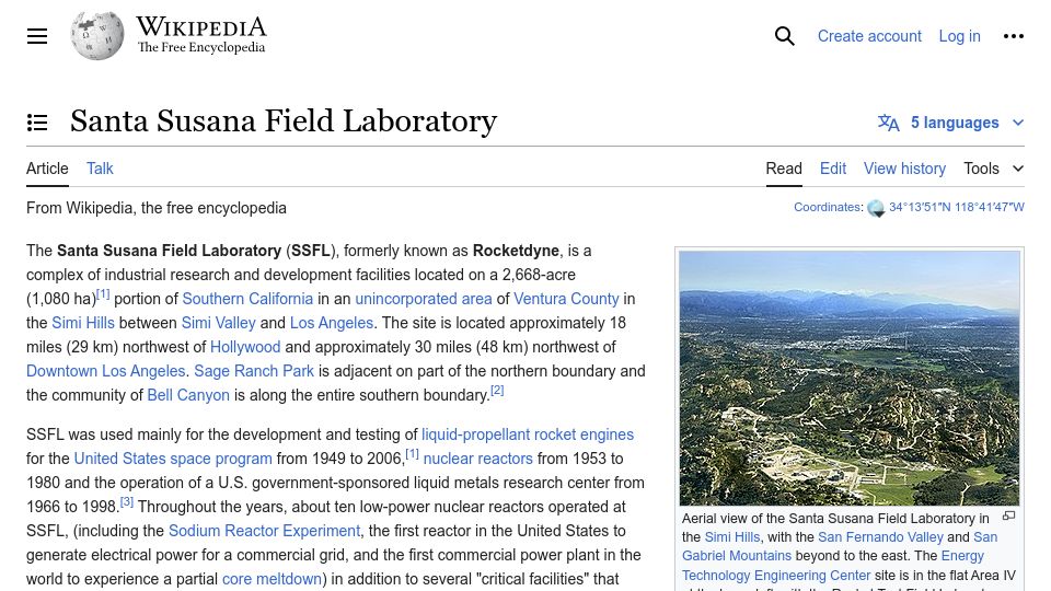 Screenshot of en.wikipedia.org: Santa Susana Field Laboratory
