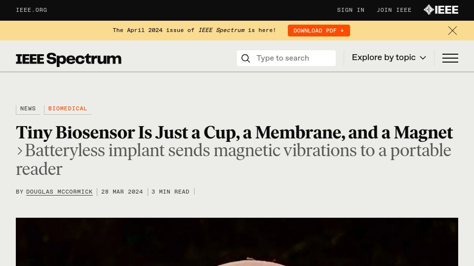 Screenshot of spectrum.ieee.org: Tiny Biosensor Is Just a Cup, a Membrane, and a Magnet