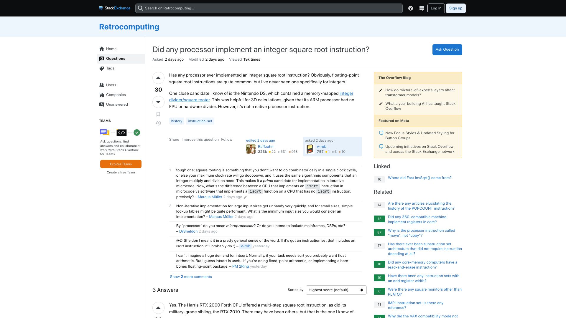 Screenshot of retrocomputing.stackexchange.com: Did any processor implement an integer square root instruction?