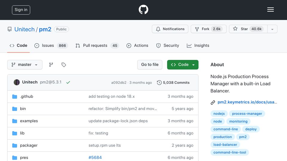 Screenshot of github.com: PM2: Production Process Manager with a Built-In Load Balancer