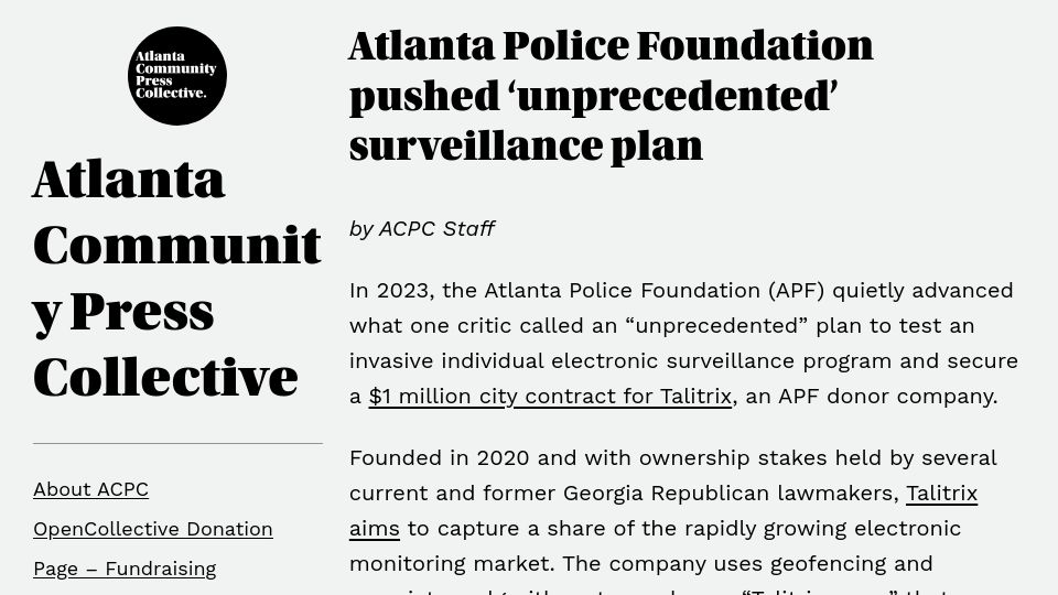 Screenshot of atlpresscollective.com: Atlanta Police Foundation pushed 'unprecedented' surveillance plan