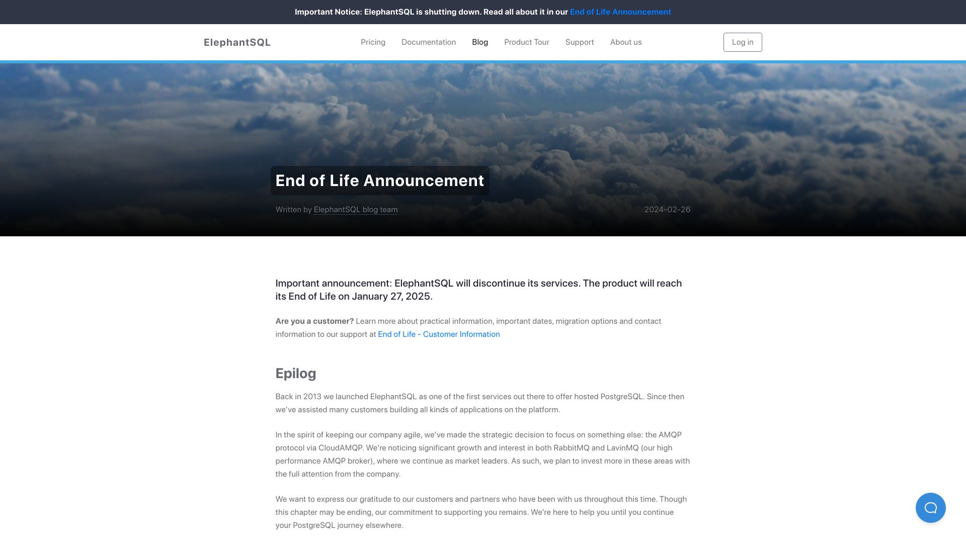 Screenshot of elephantsql.com: ElephantSQL Is Shutting Down