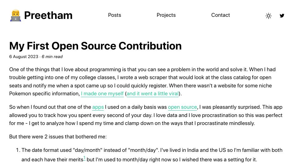 Screenshot of preethamrn.com: My First Open Source Contribution