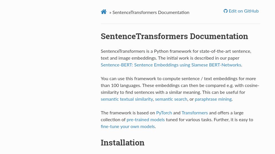 Screenshot of sbert.net: SentenceTransformers: Python framework for sentence, text and image embeddings