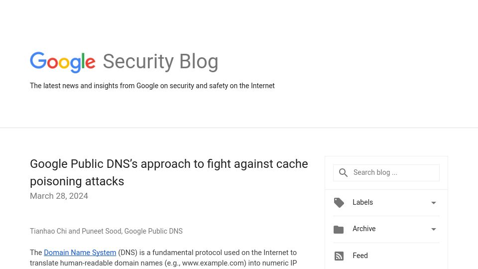 Screenshot of security.googleblog.com: Google Public DNS's approach to fight against cache poisoning attacks