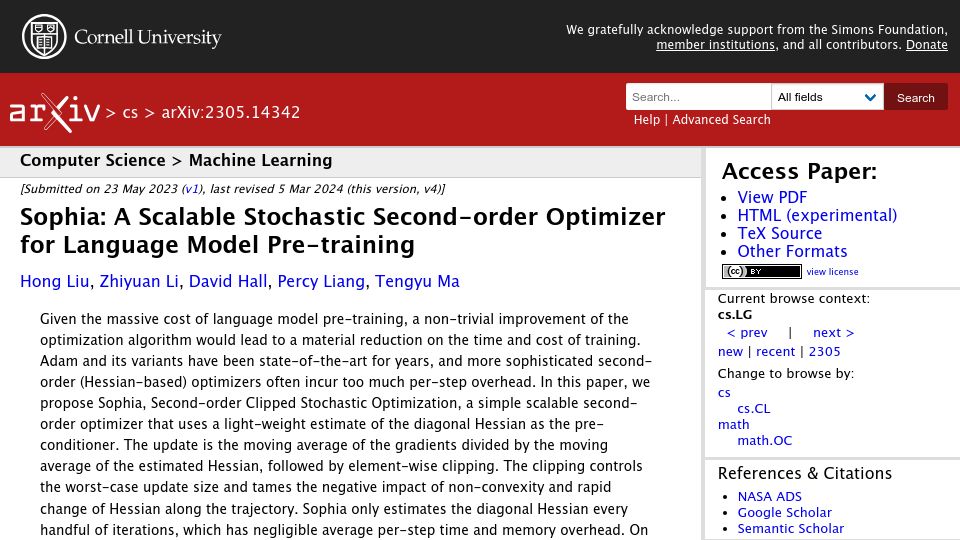 Screenshot of arxiv.org: Sophia: Scalable Stochastic 2nd-Order Optimizer for Language Model Pre-Training
