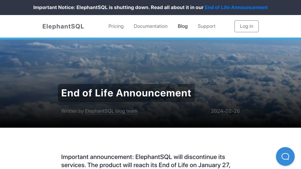 Screenshot of elephantsql.com: ElephantSQL Is Shutting Down