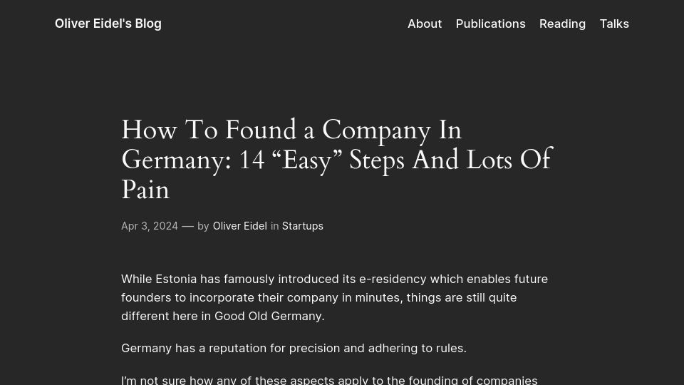 Screenshot of eidel.io: How to found a company in Germany: 14 "easy" steps and lots of pain