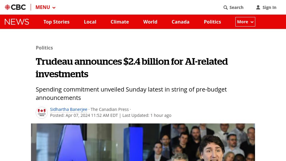 Screenshot of cbc.ca: Justin Trudeau announces $2.4B for AI investments in Canada