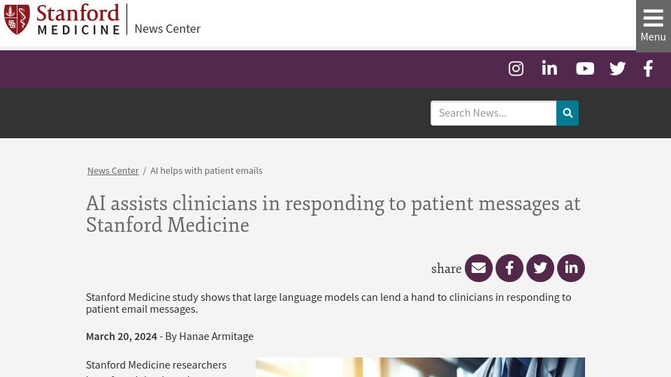 Screenshot of med.stanford.edu: AI assists clinicians in responding to patient messages at Stanford Medicine