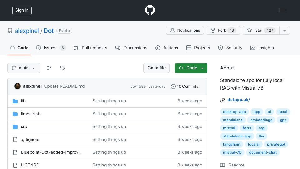 Screenshot of github.com: Dot – A standalone open source app meant for easy use of local LLMs and RAG