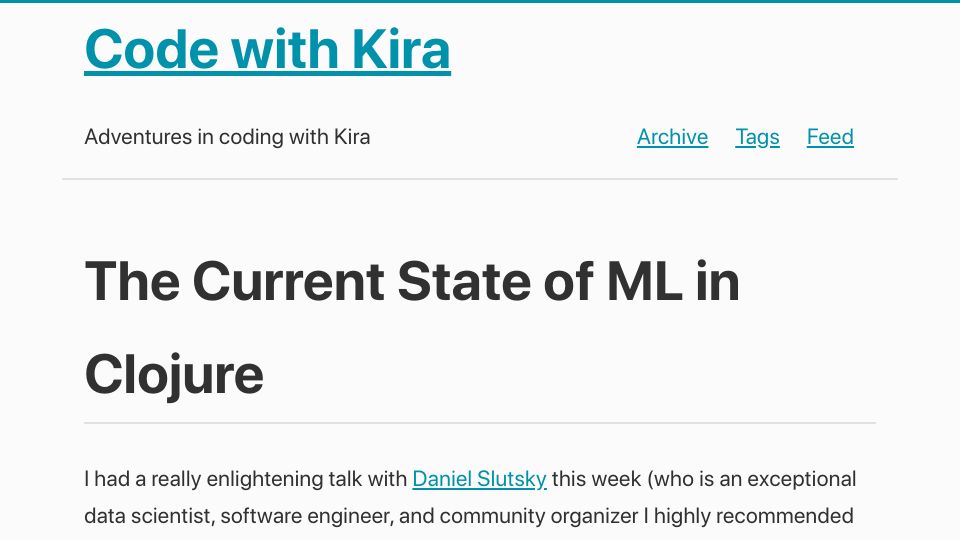 Screenshot of codewithkira.com: Clojure's machine learning ecosystem