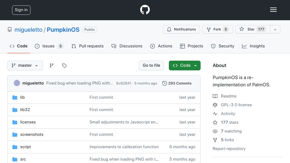Screenshot of github.com: PumpkinOS, a Re-Implementation of PalmOS