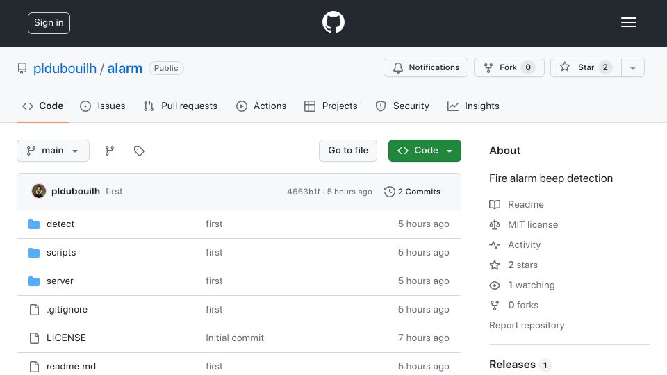 Screenshot of github.com: Fire alarm audio detection, using FFTs and Go