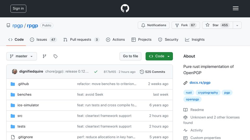 Screenshot of github.com: Rpgp: Pure Rust implementation of OpenPGP