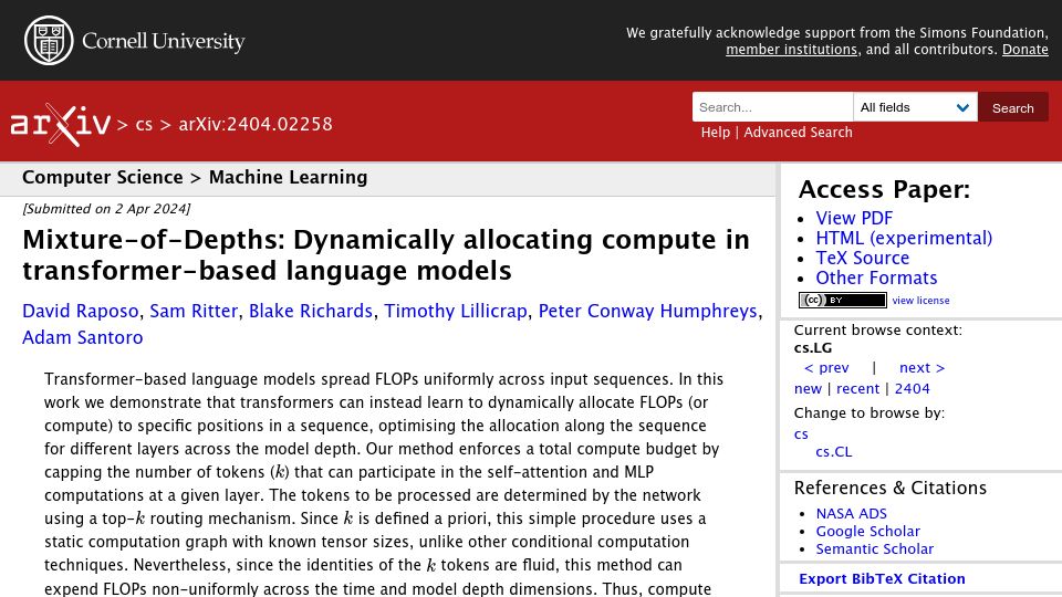 Screenshot of arxiv.org: Mixture-of-Depths: Dynamically allocating compute in transformers